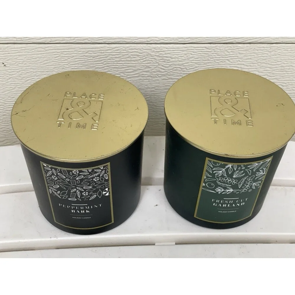 Lot of 2 Place & Time 3-Wick Scented Holiday Candles Peppermint Bark & Fresh Gar